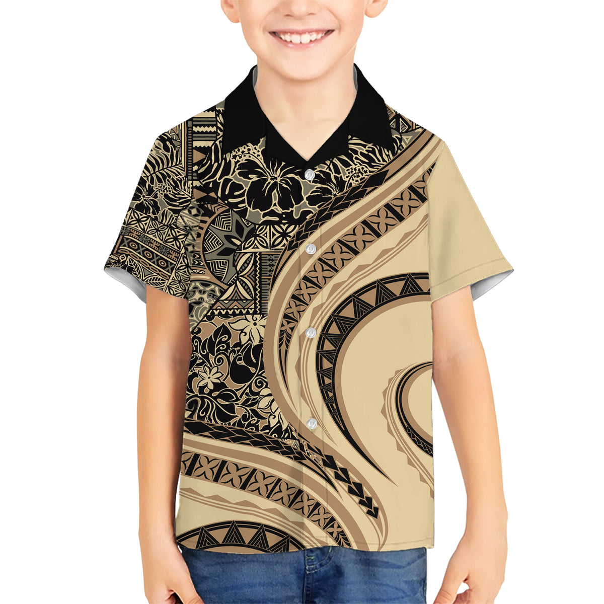 Hawaiian Hibiscus Tribal Vintage Motif Family Matching Short Sleeve Bodycon Dress and Hawaiian Shirt Ver 2