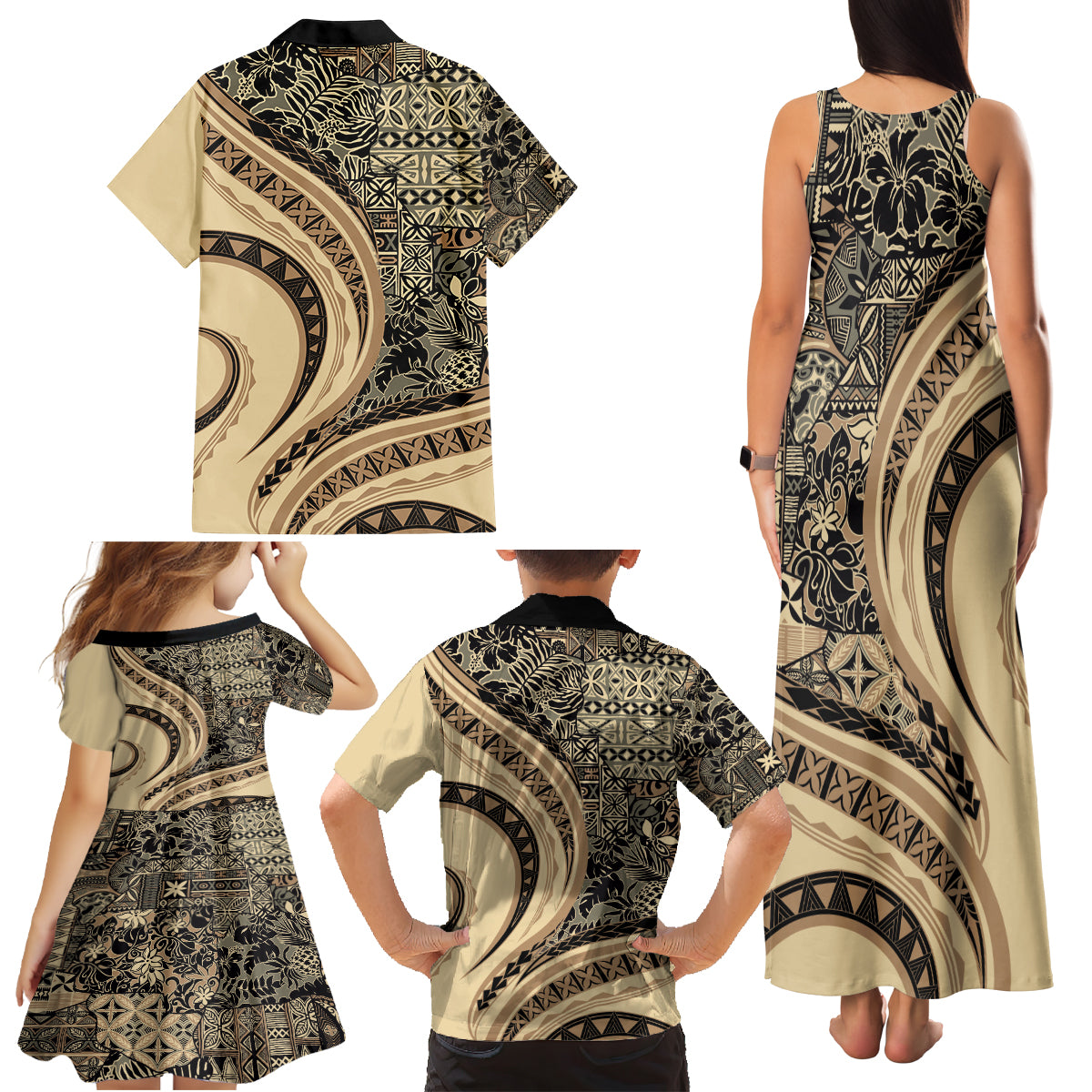 Hawaiian Hibiscus Tribal Vintage Motif Family Matching Tank Maxi Dress and Hawaiian Shirt Ver 2