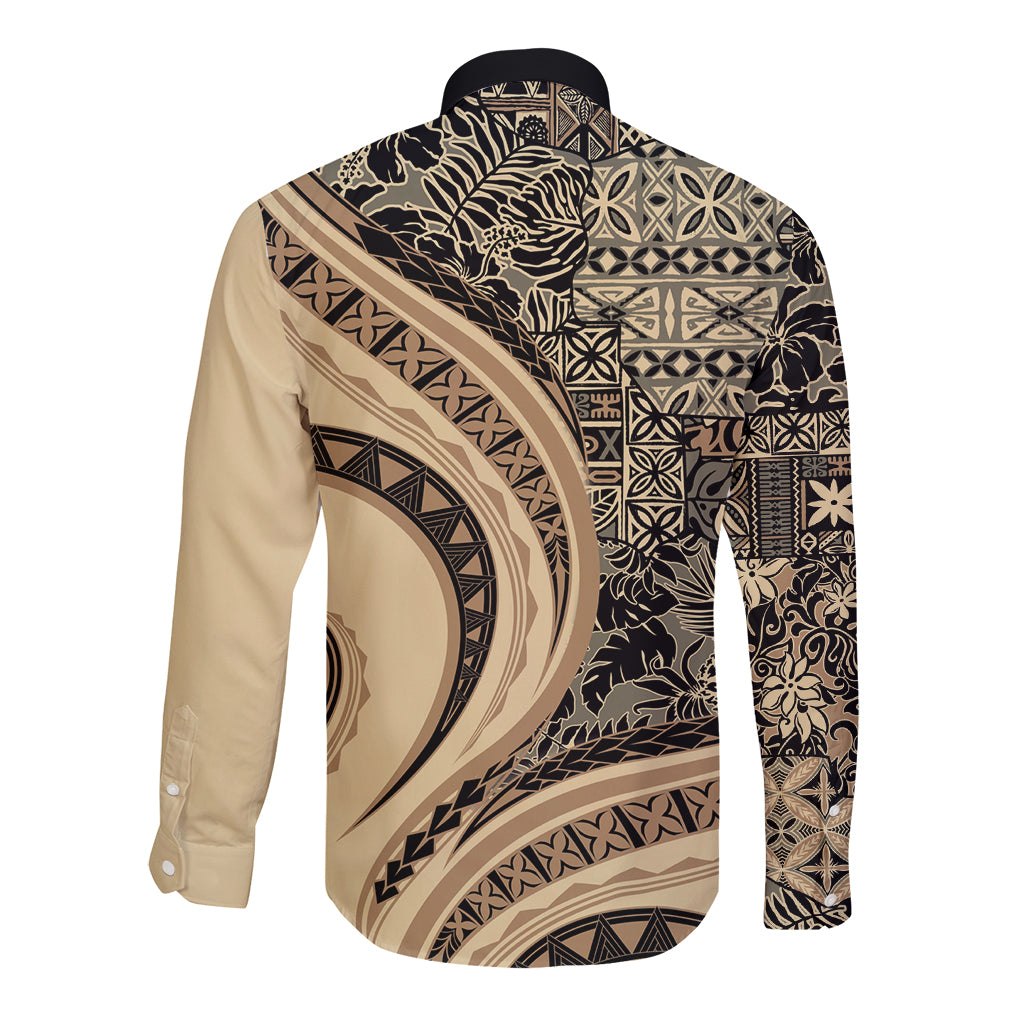 Hawaiian Hibiscus Tribal Vintage Motif Long Sleeve Button Shirt Ver 2