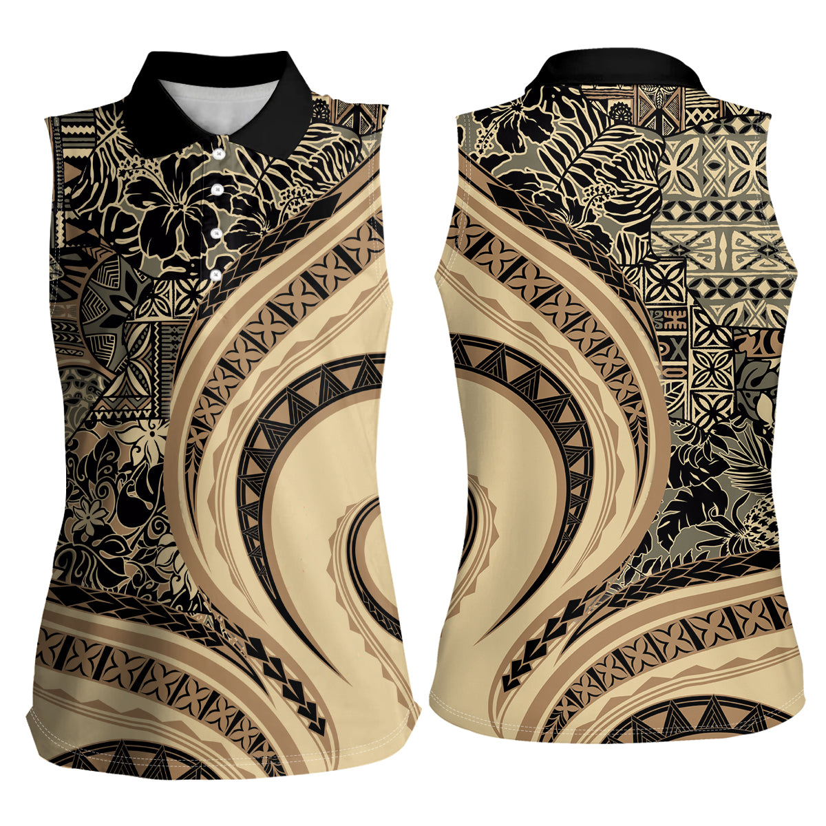 Hawaiian Hibiscus Tribal Vintage Motif Women Sleeveless Polo Shirt Ver 2