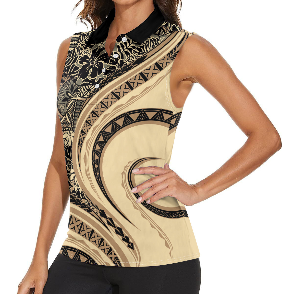 Hawaiian Hibiscus Tribal Vintage Motif Women Sleeveless Polo Shirt Ver 2