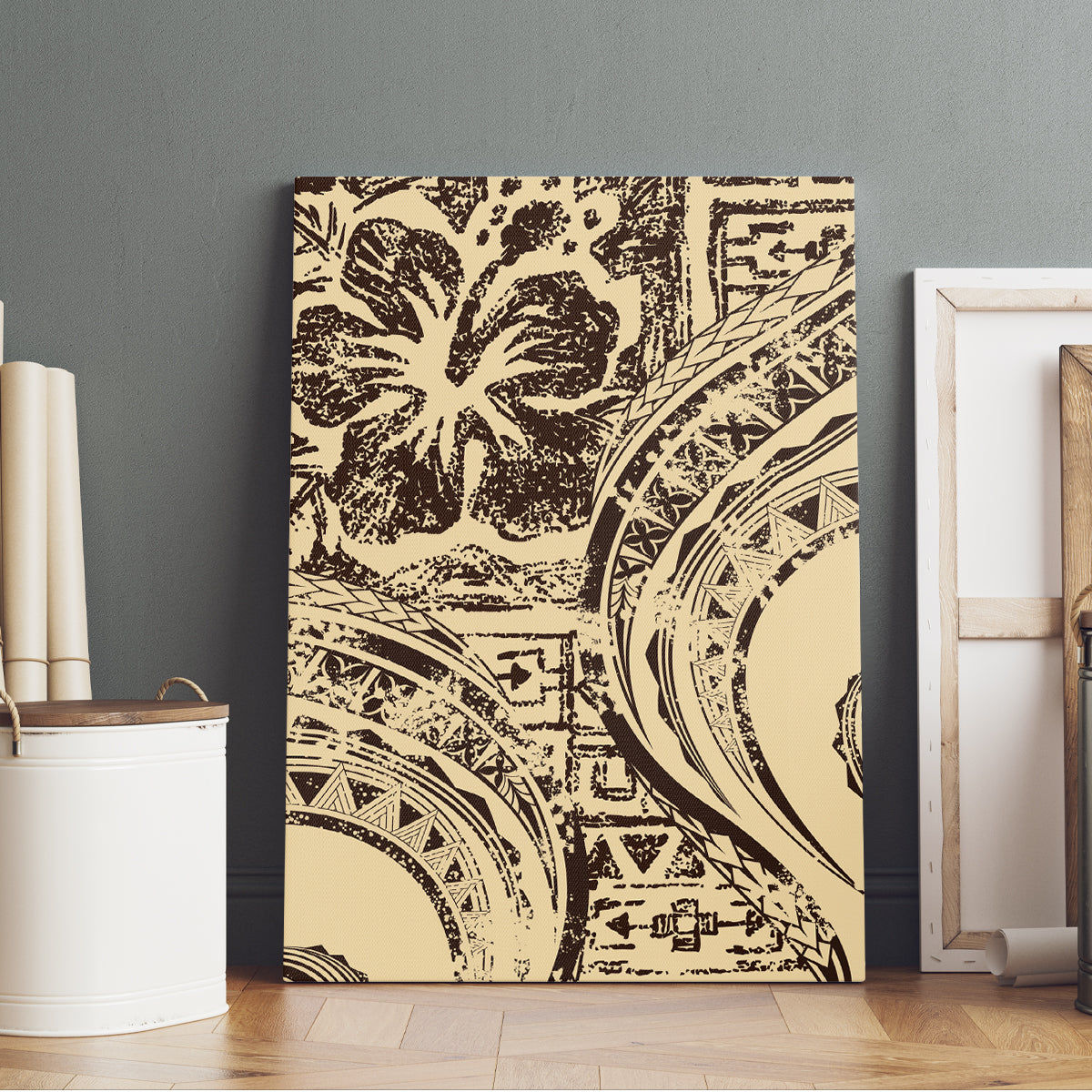 Hawaiian Hibiscus Tribal Vintage Motif Canvas Wall Art Ver 3