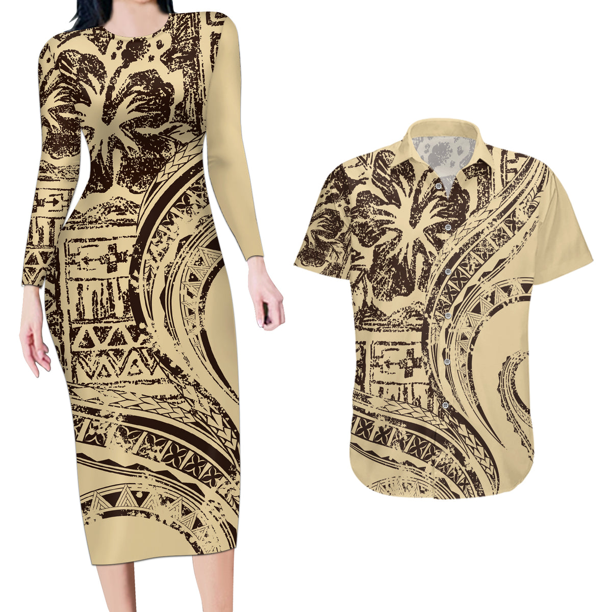 Hawaiian Hibiscus Tribal Vintage Motif Couples Matching Long Sleeve Bodycon Dress and Hawaiian Shirt Ver 3 LT9 Beige - Polynesian Pride
