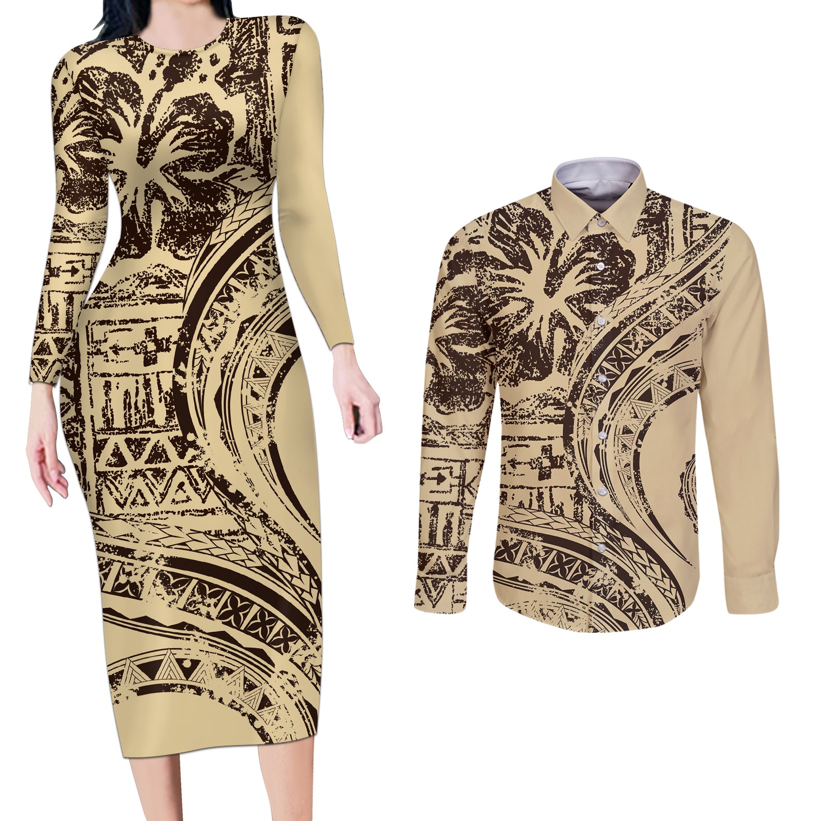 Hawaiian Hibiscus Tribal Vintage Motif Couples Matching Long Sleeve Bodycon Dress and Long Sleeve Button Shirt Ver 3