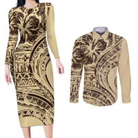 Hawaiian Hibiscus Tribal Vintage Motif Couples Matching Long Sleeve Bodycon Dress and Long Sleeve Button Shirt Ver 3 LT9 Beige - Polynesian Pride