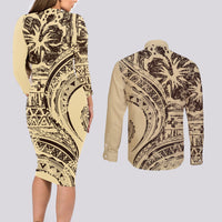 Hawaiian Hibiscus Tribal Vintage Motif Couples Matching Long Sleeve Bodycon Dress and Long Sleeve Button Shirt Ver 3 LT9 - Polynesian Pride