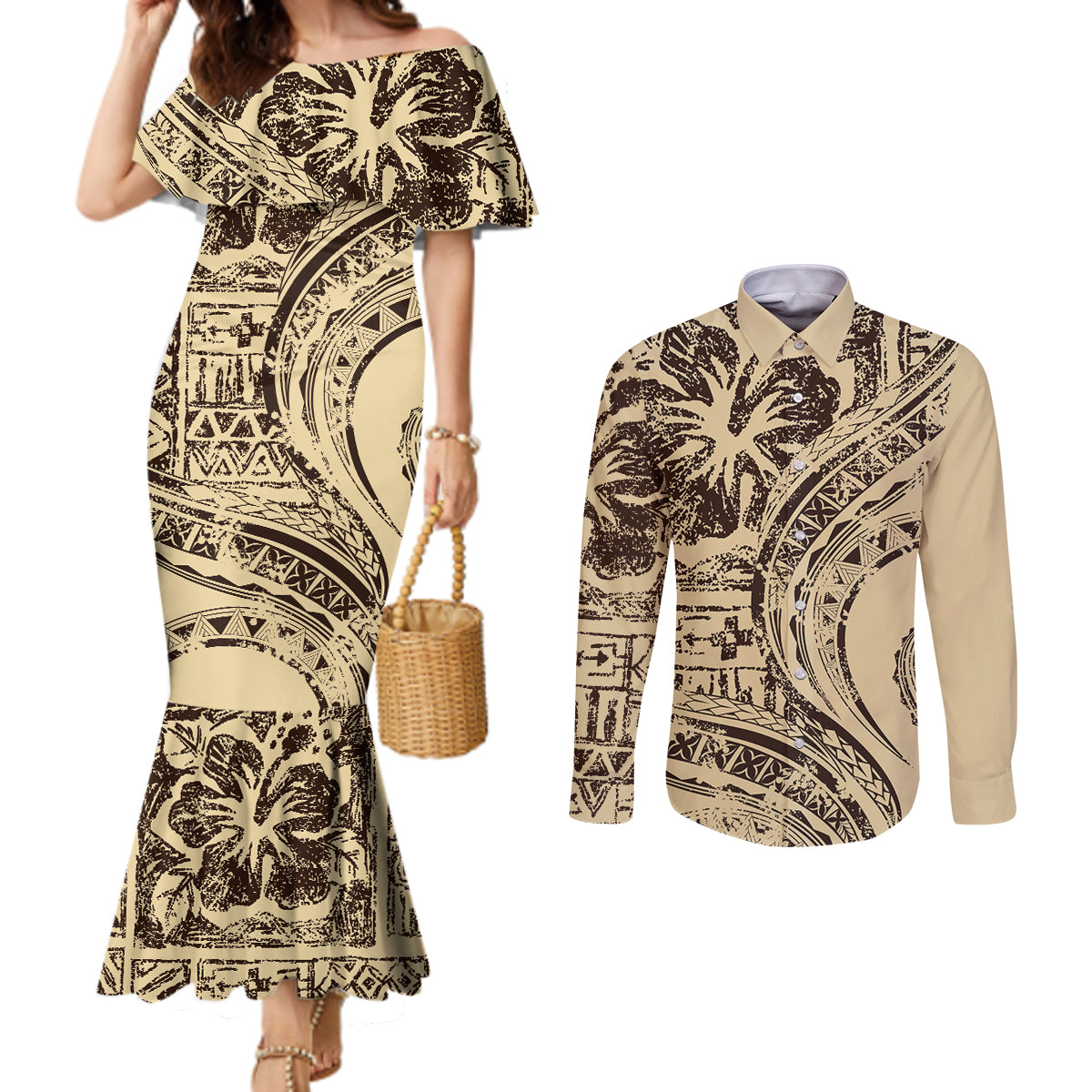 Hawaiian Hibiscus Tribal Vintage Motif Couples Matching Mermaid Dress and Long Sleeve Button Shirt Ver 3
