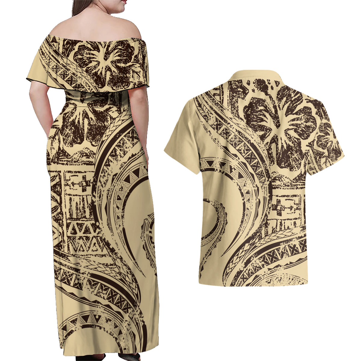 Hawaiian Hibiscus Tribal Vintage Motif Couples Matching Off Shoulder Maxi Dress and Hawaiian Shirt Ver 3
