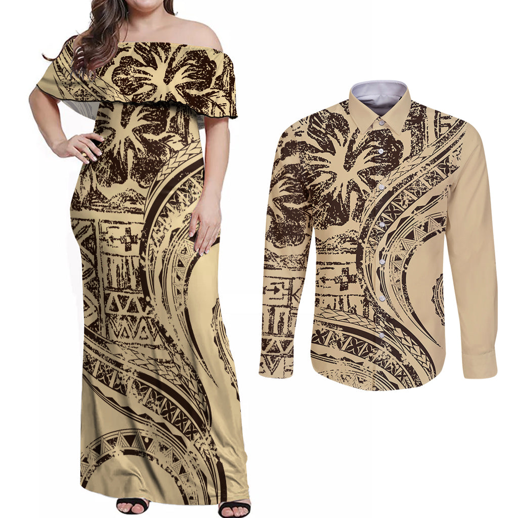 Hawaiian Hibiscus Tribal Vintage Motif Couples Matching Off Shoulder Maxi Dress and Long Sleeve Button Shirt Ver 3