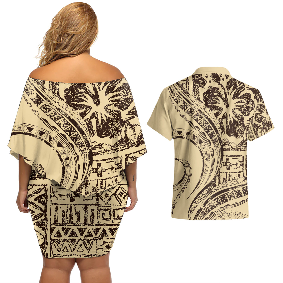 Hawaiian Hibiscus Tribal Vintage Motif Couples Matching Off Shoulder Short Dress and Hawaiian Shirt Ver 3