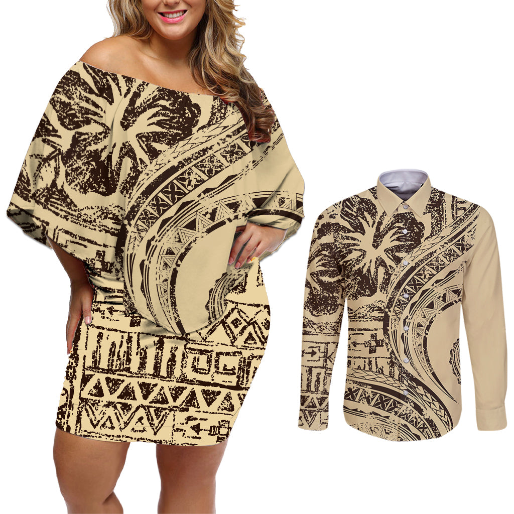 Hawaiian Hibiscus Tribal Vintage Motif Couples Matching Off Shoulder Short Dress and Long Sleeve Button Shirt Ver 3