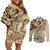 Hawaiian Hibiscus Tribal Vintage Motif Couples Matching Off Shoulder Short Dress and Long Sleeve Button Shirt Ver 3