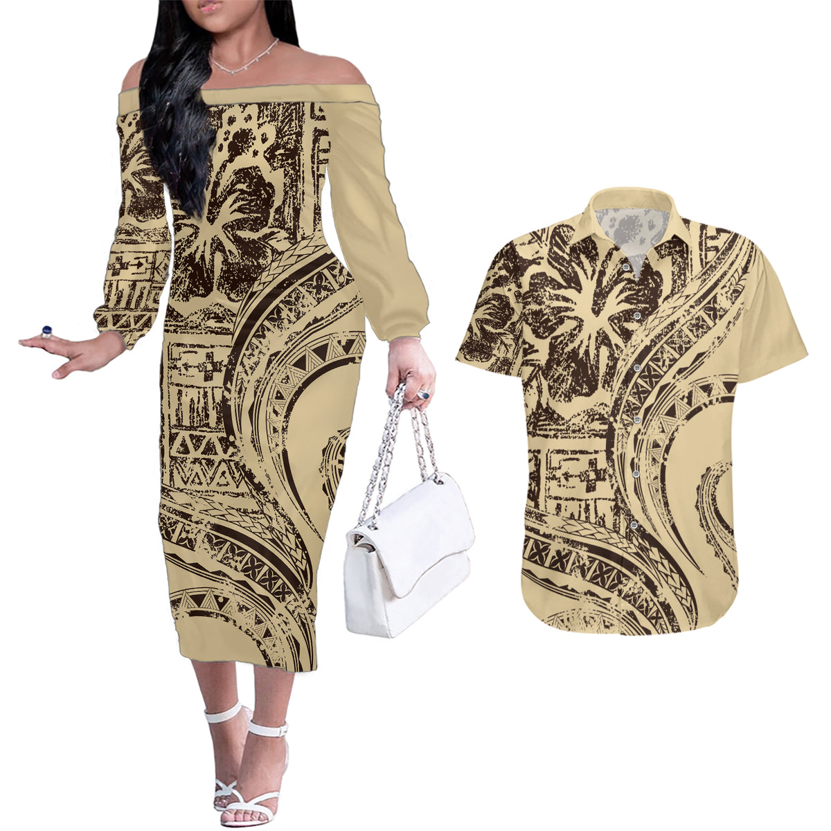 Hawaiian Hibiscus Tribal Vintage Motif Couples Matching Off The Shoulder Long Sleeve Dress and Hawaiian Shirt Ver 3