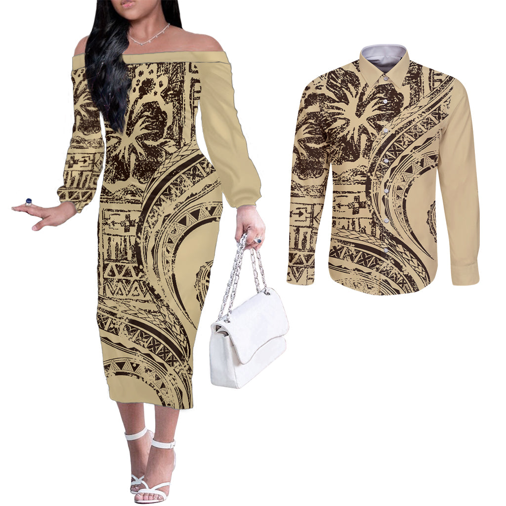 Hawaiian Hibiscus Tribal Vintage Motif Couples Matching Off The Shoulder Long Sleeve Dress and Long Sleeve Button Shirt Ver 3