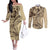 Hawaiian Hibiscus Tribal Vintage Motif Couples Matching Off The Shoulder Long Sleeve Dress and Long Sleeve Button Shirt Ver 3
