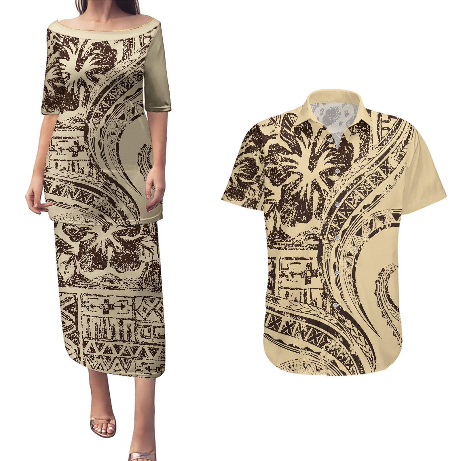 Hawaiian Hibiscus Tribal Vintage Motif Couples Matching Puletasi and Hawaiian Shirt Ver 3