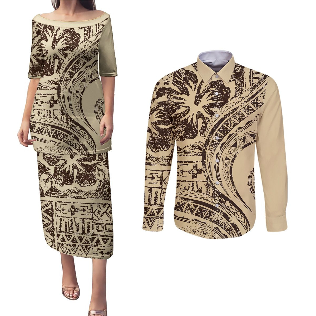 Hawaiian Hibiscus Tribal Vintage Motif Couples Matching Puletasi and Long Sleeve Button Shirt Ver 3