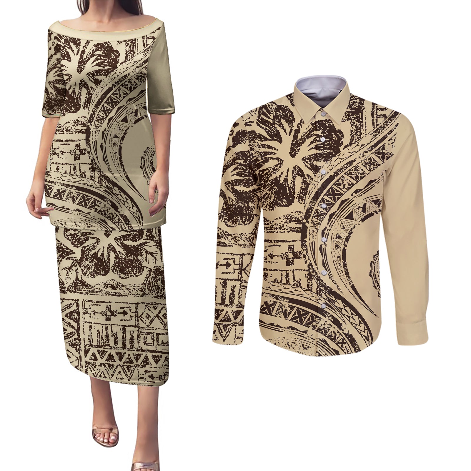 Hawaiian Hibiscus Tribal Vintage Motif Couples Matching Puletasi and Long Sleeve Button Shirt Ver 3