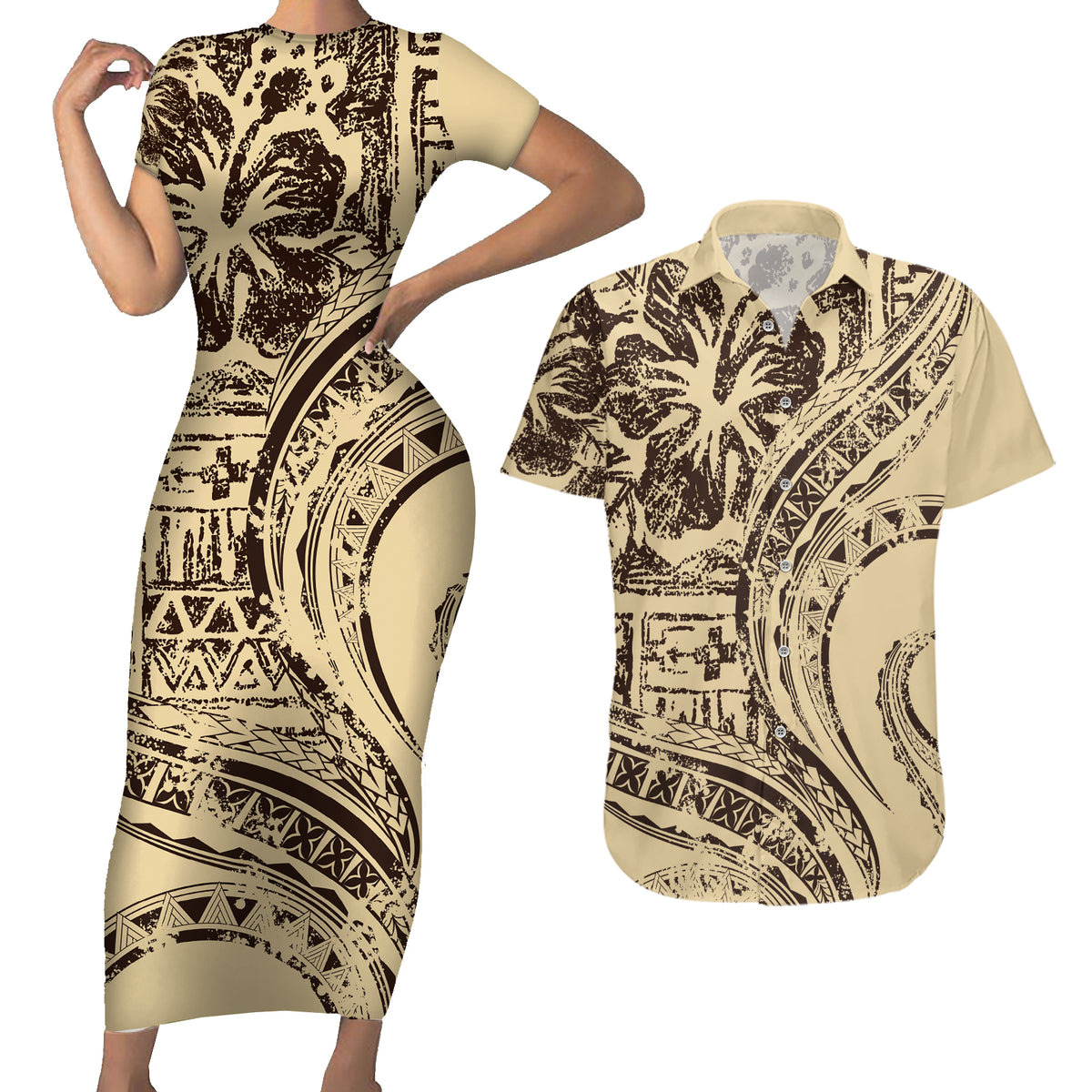 Hawaiian Hibiscus Tribal Vintage Motif Couples Matching Short Sleeve Bodycon Dress and Hawaiian Shirt Ver 3 LT9 Beige - Polynesian Pride