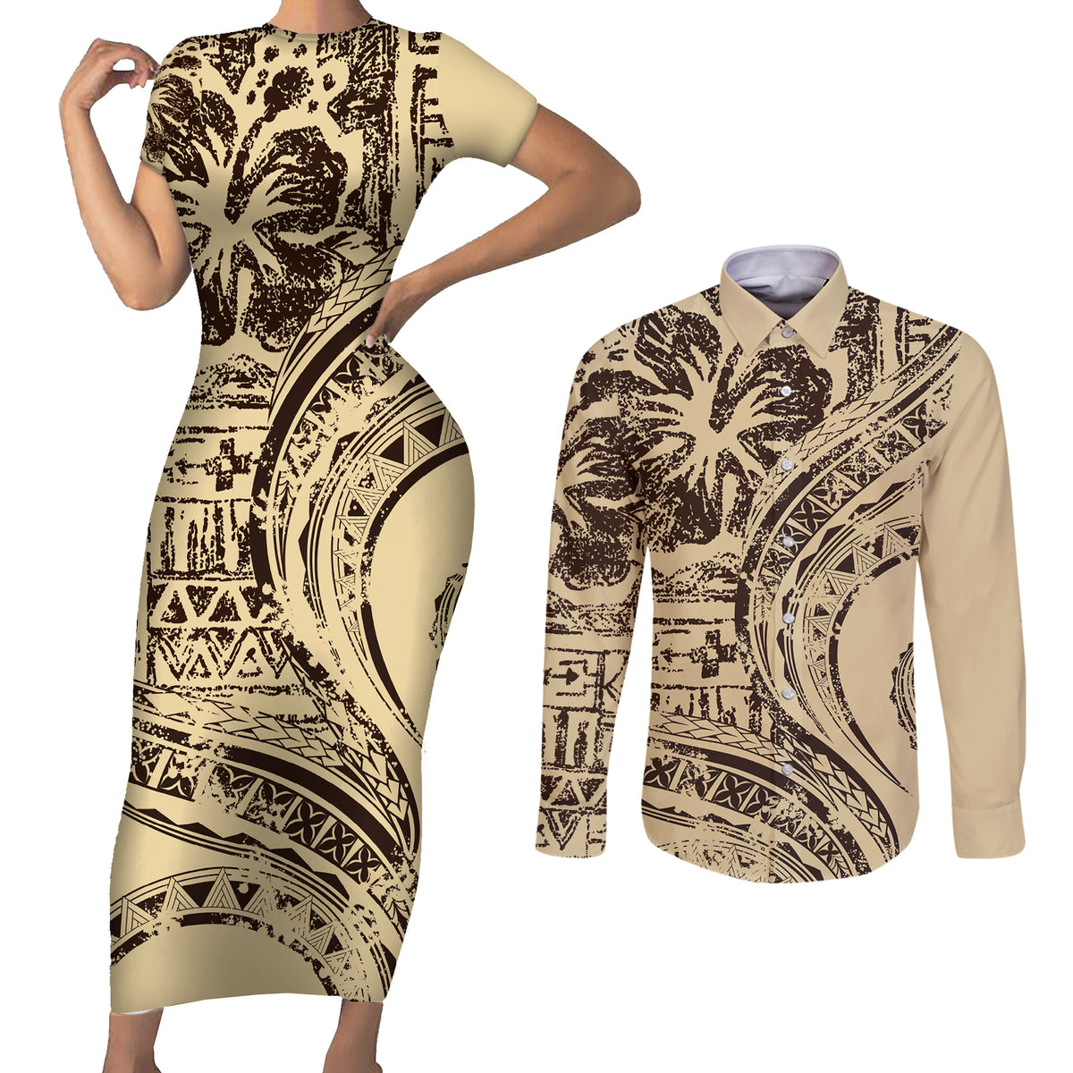 Hawaiian Hibiscus Tribal Vintage Motif Couples Matching Short Sleeve Bodycon Dress and Long Sleeve Button Shirt Ver 3 LT9 Beige - Polynesian Pride
