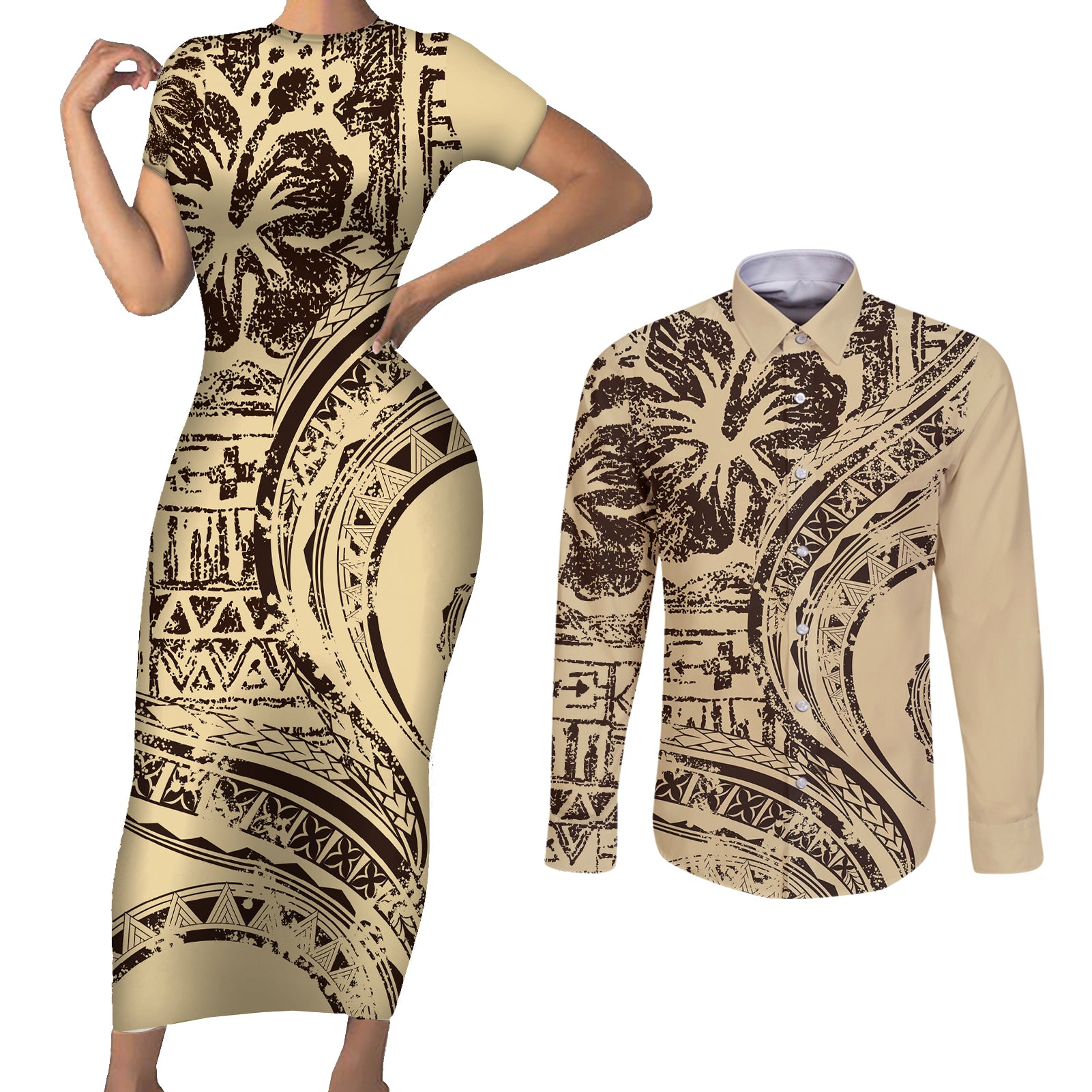 Hawaiian Hibiscus Tribal Vintage Motif Couples Matching Short Sleeve Bodycon Dress and Long Sleeve Button Shirt Ver 3
