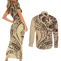 Hawaiian Hibiscus Tribal Vintage Motif Couples Matching Short Sleeve Bodycon Dress and Long Sleeve Button Shirt Ver 3 LT9 - Polynesian Pride