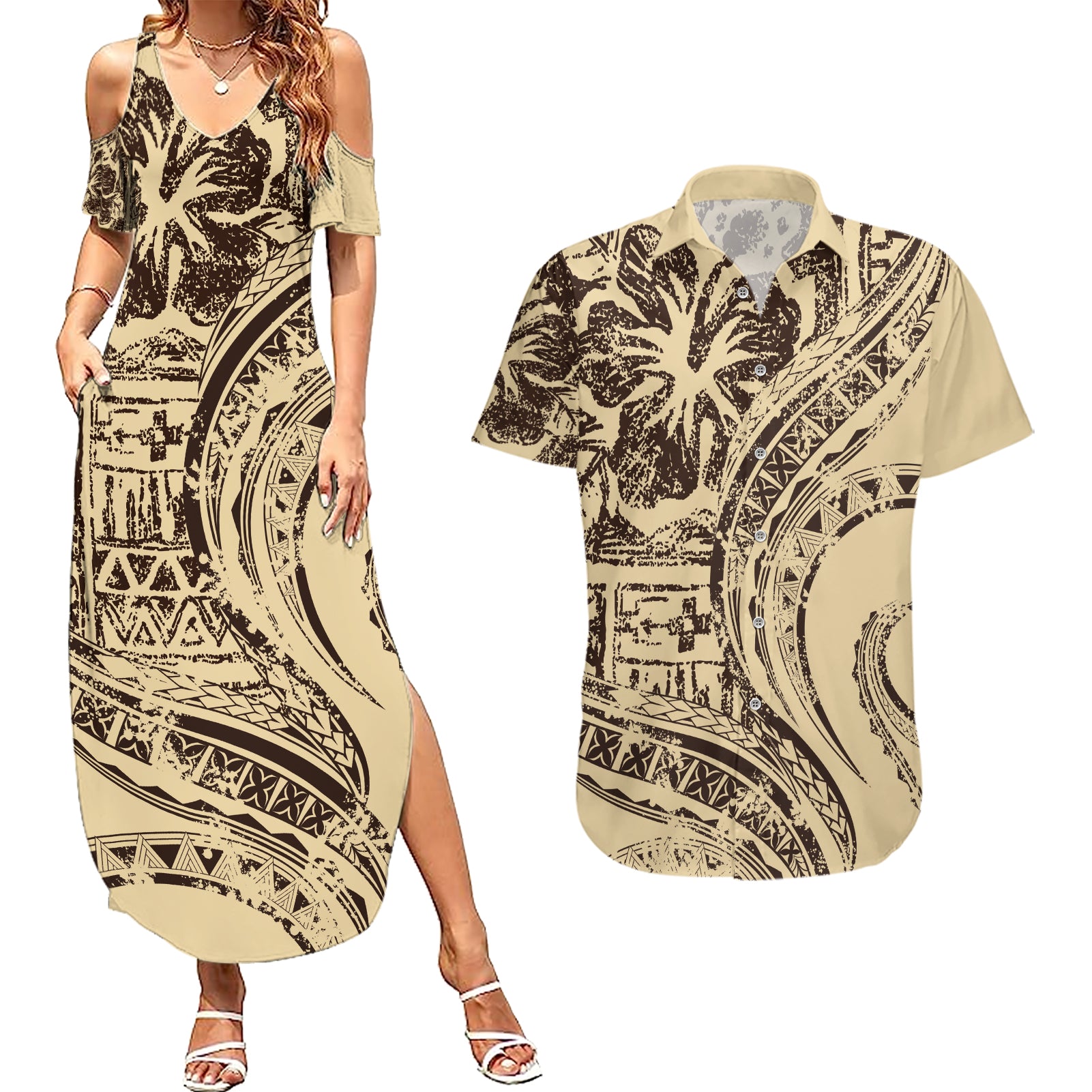 Hawaiian Hibiscus Tribal Vintage Motif Couples Matching Summer Maxi Dress and Hawaiian Shirt Ver 3