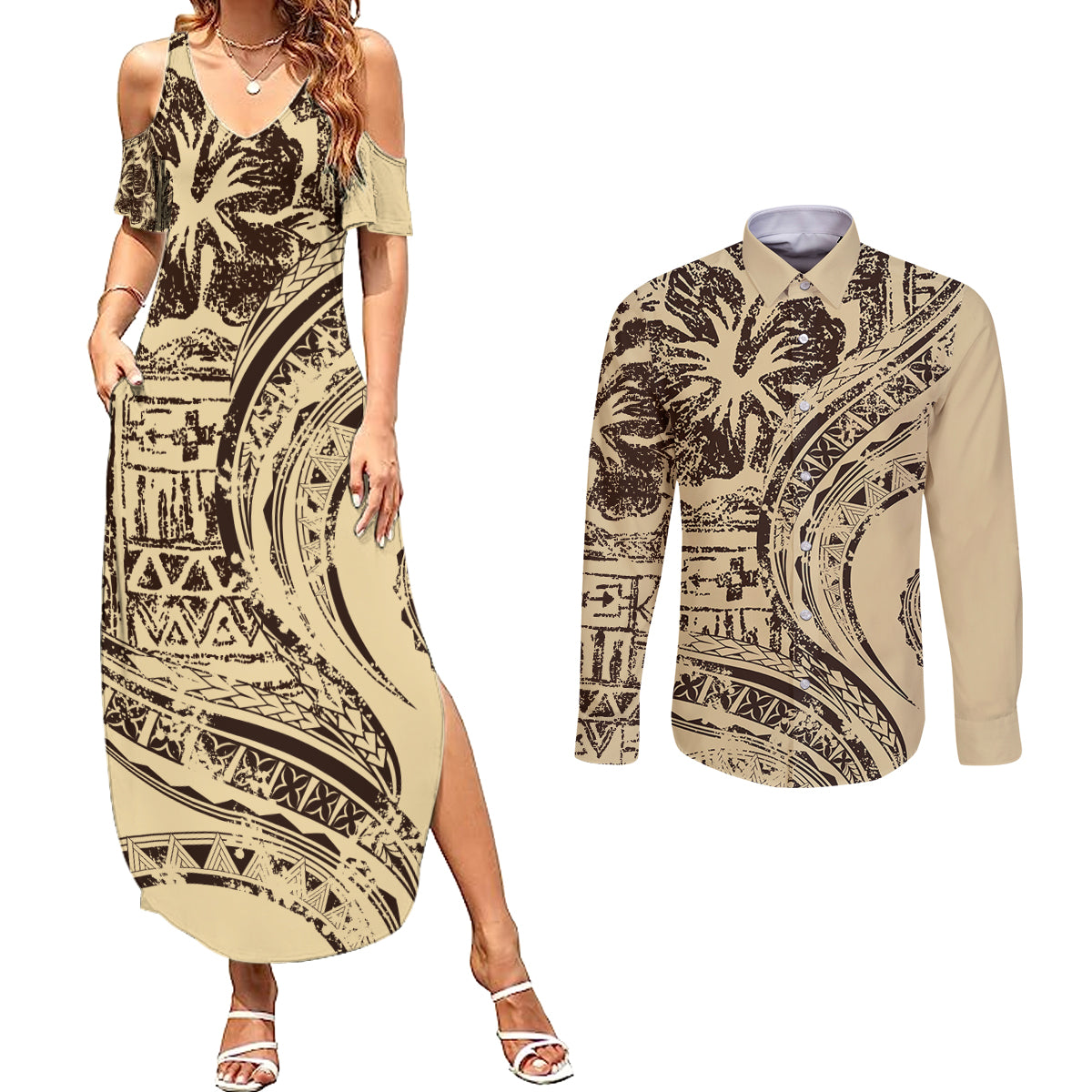 Hawaiian Hibiscus Tribal Vintage Motif Couples Matching Summer Maxi Dress and Long Sleeve Button Shirt Ver 3