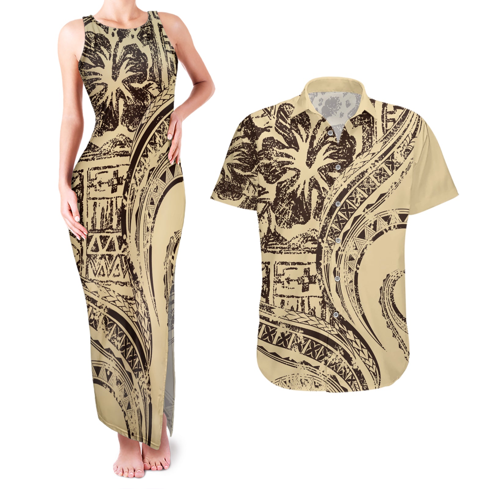 Hawaiian Hibiscus Tribal Vintage Motif Couples Matching Tank Maxi Dress and Hawaiian Shirt Ver 3