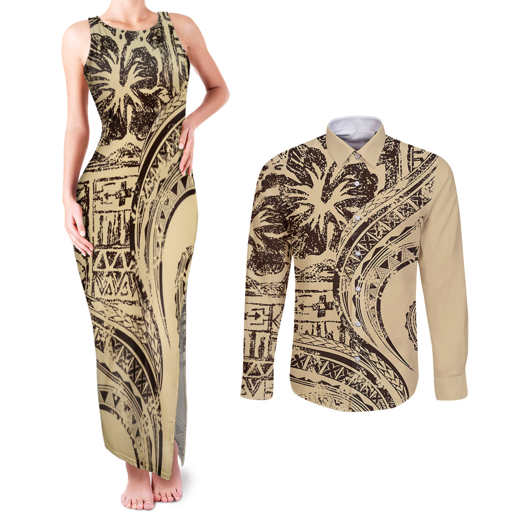 Hawaiian Hibiscus Tribal Vintage Motif Couples Matching Tank Maxi Dress and Long Sleeve Button Shirt Ver 3 LT9 Beige - Polynesian Pride