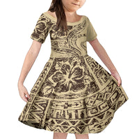 Hawaiian Hibiscus Tribal Vintage Motif Family Matching Summer Maxi Dress and Hawaiian Shirt Ver 3 LT9 Daughter's Dress Beige - Polynesian Pride