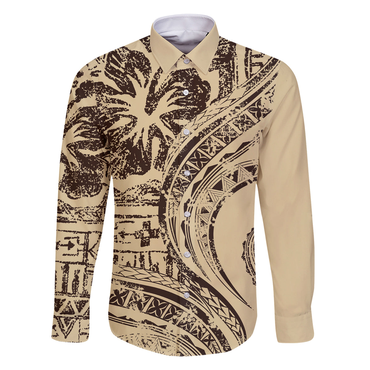 Hawaiian Hibiscus Tribal Vintage Motif Family Matching Summer Maxi Dress and Hawaiian Shirt Ver 3 LT9 Dad's Shirt - Long Sleeve Beige - Polynesian Pride