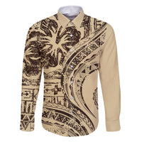 Hawaiian Hibiscus Tribal Vintage Motif Family Matching Summer Maxi Dress and Hawaiian Shirt Ver 3 LT9 Dad's Shirt - Long Sleeve Beige - Polynesian Pride