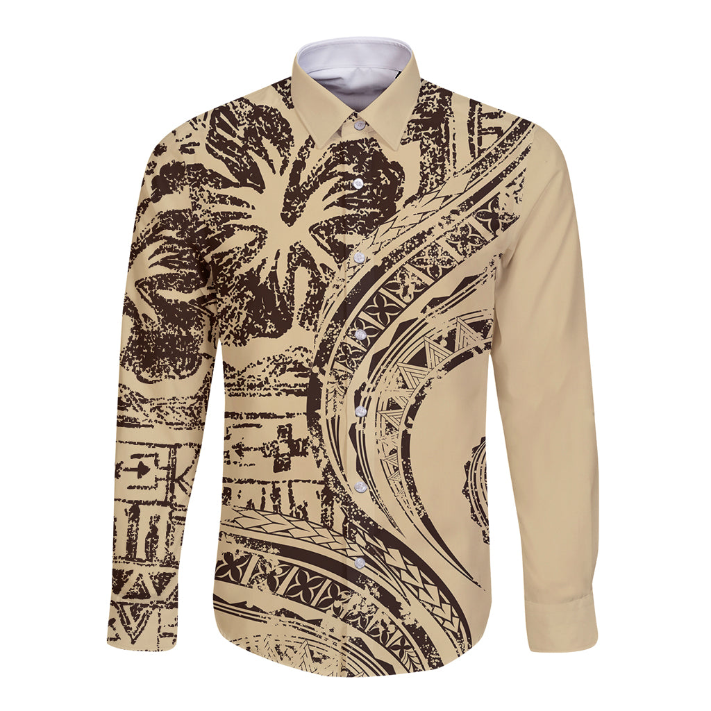 Hawaiian Hibiscus Tribal Vintage Motif Long Sleeve Button Shirt Ver 3