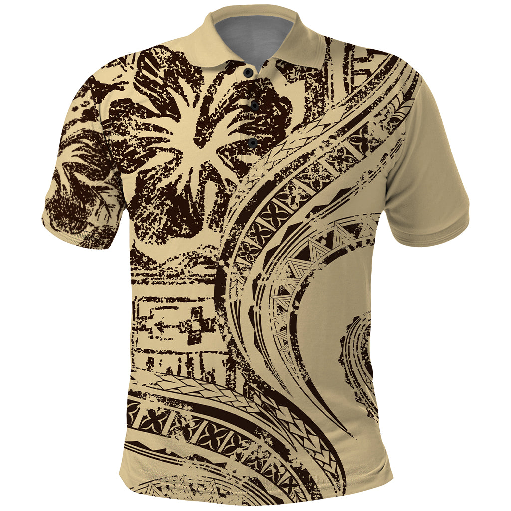 Hawaiian Hibiscus Tribal Vintage Motif Polo Shirt Ver 3 LT9 Beige - Polynesian Pride