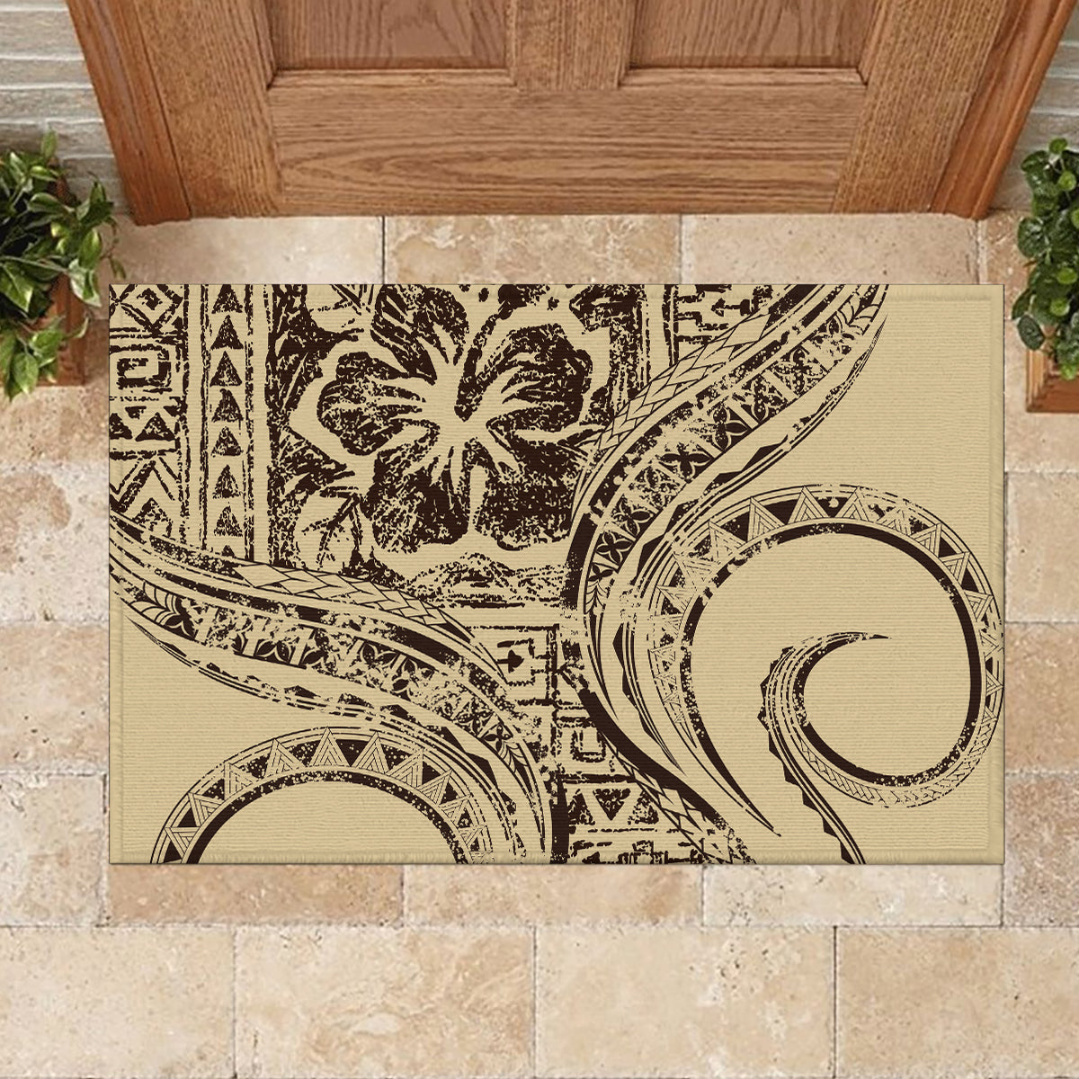 Hawaiian Hibiscus Tribal Vintage Motif Rubber Doormat Ver 3