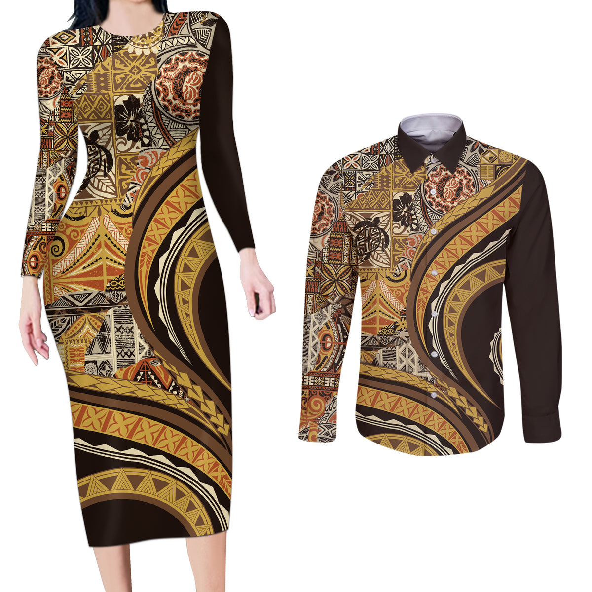 Hawaiian Hibiscus Tribal Vintage Motif Couples Matching Long Sleeve Bodycon Dress and Long Sleeve Button Shirt Ver 4 LT9 Gold - Polynesian Pride