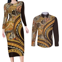Hawaiian Hibiscus Tribal Vintage Motif Couples Matching Long Sleeve Bodycon Dress and Long Sleeve Button Shirt Ver 4 LT9 Gold - Polynesian Pride
