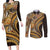 Hawaiian Hibiscus Tribal Vintage Motif Couples Matching Long Sleeve Bodycon Dress and Long Sleeve Button Shirt Ver 4