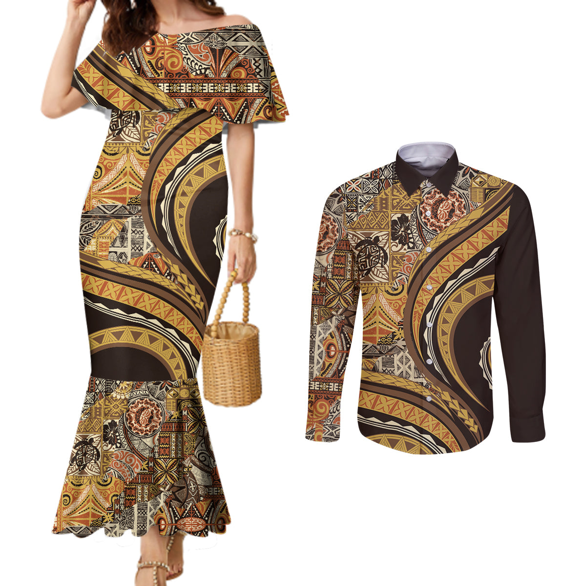 Hawaiian Hibiscus Tribal Vintage Motif Couples Matching Mermaid Dress and Long Sleeve Button Shirt Ver 4