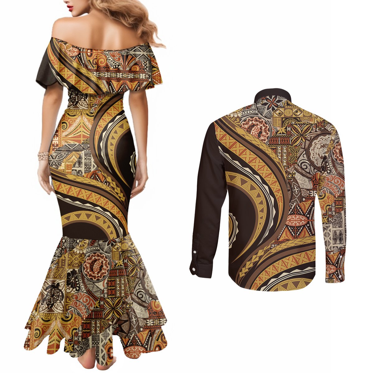 Hawaiian Hibiscus Tribal Vintage Motif Couples Matching Mermaid Dress and Long Sleeve Button Shirt Ver 4 LT9 - Polynesian Pride