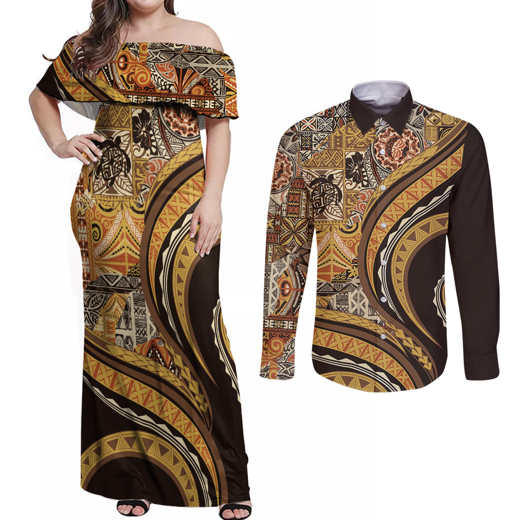 Hawaiian Hibiscus Tribal Vintage Motif Couples Matching Off Shoulder Maxi Dress and Long Sleeve Button Shirt Ver 4