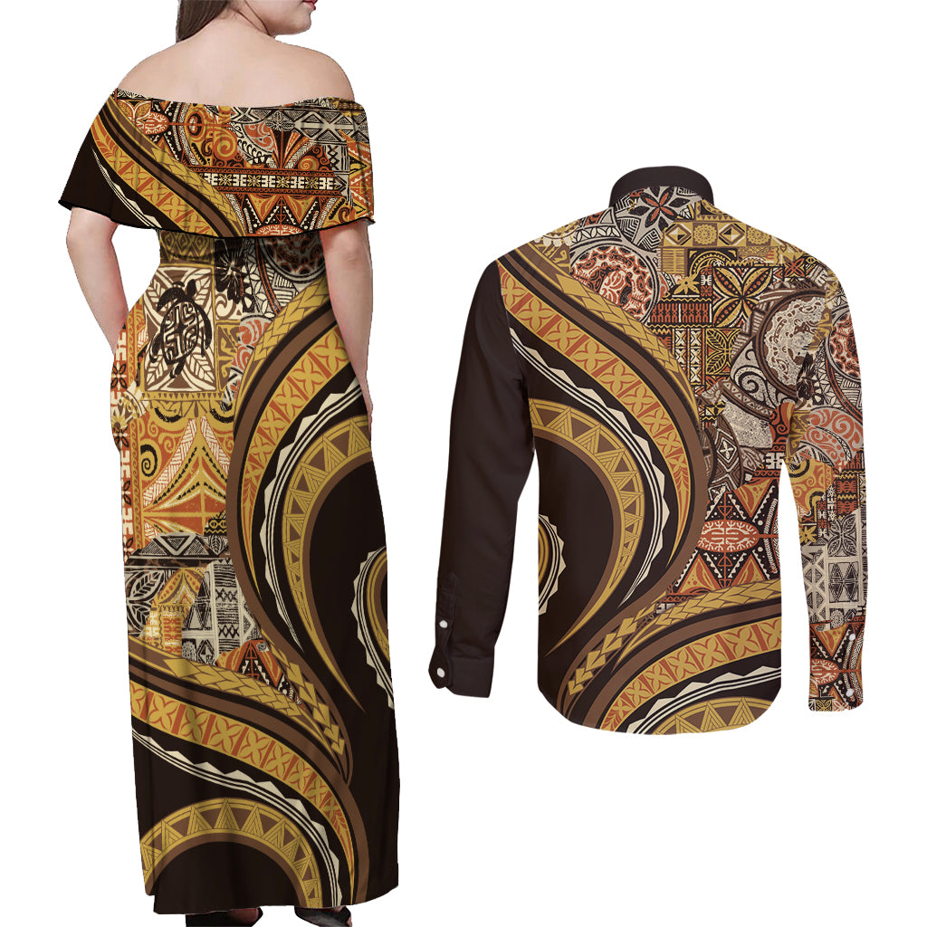 Hawaiian Hibiscus Tribal Vintage Motif Couples Matching Off Shoulder Maxi Dress and Long Sleeve Button Shirt Ver 4