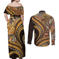 Hawaiian Hibiscus Tribal Vintage Motif Couples Matching Off Shoulder Maxi Dress and Long Sleeve Button Shirt Ver 4