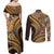 Hawaiian Hibiscus Tribal Vintage Motif Couples Matching Off Shoulder Maxi Dress and Long Sleeve Button Shirt Ver 4