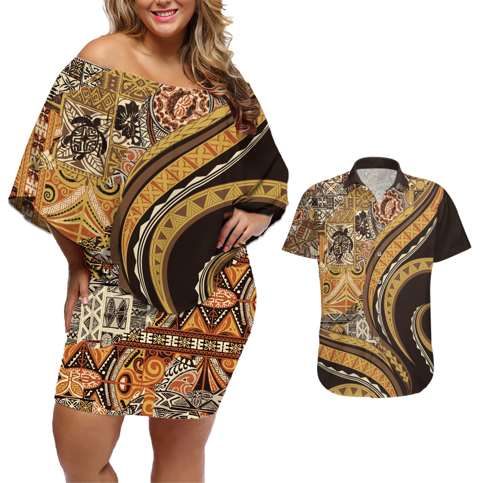 Hawaiian Hibiscus Tribal Vintage Motif Couples Matching Off Shoulder Short Dress and Hawaiian Shirt Ver 4