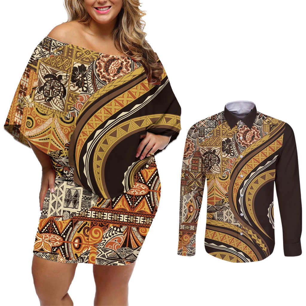 Hawaiian Hibiscus Tribal Vintage Motif Couples Matching Off Shoulder Short Dress and Long Sleeve Button Shirt Ver 4 LT9 Gold - Polynesian Pride