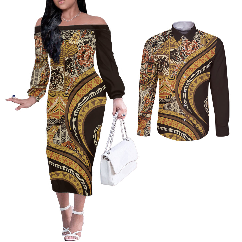 Hawaiian Hibiscus Tribal Vintage Motif Couples Matching Off The Shoulder Long Sleeve Dress and Long Sleeve Button Shirt Ver 4
