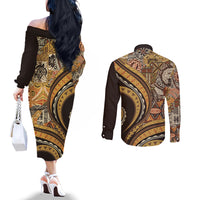 Hawaiian Hibiscus Tribal Vintage Motif Couples Matching Off The Shoulder Long Sleeve Dress and Long Sleeve Button Shirt Ver 4 LT9 - Polynesian Pride