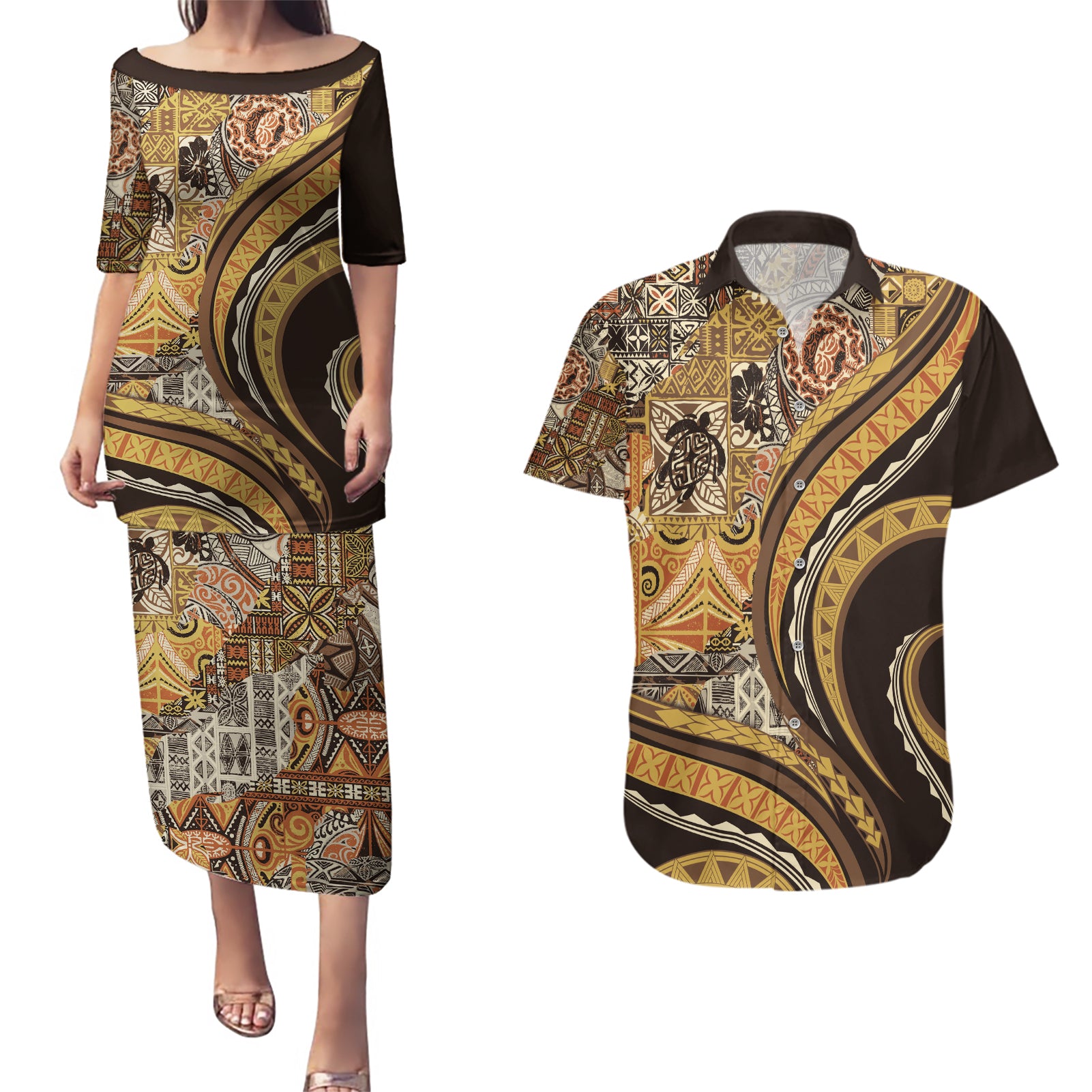 Hawaiian Hibiscus Tribal Vintage Motif Couples Matching Puletasi and Hawaiian Shirt Ver 4